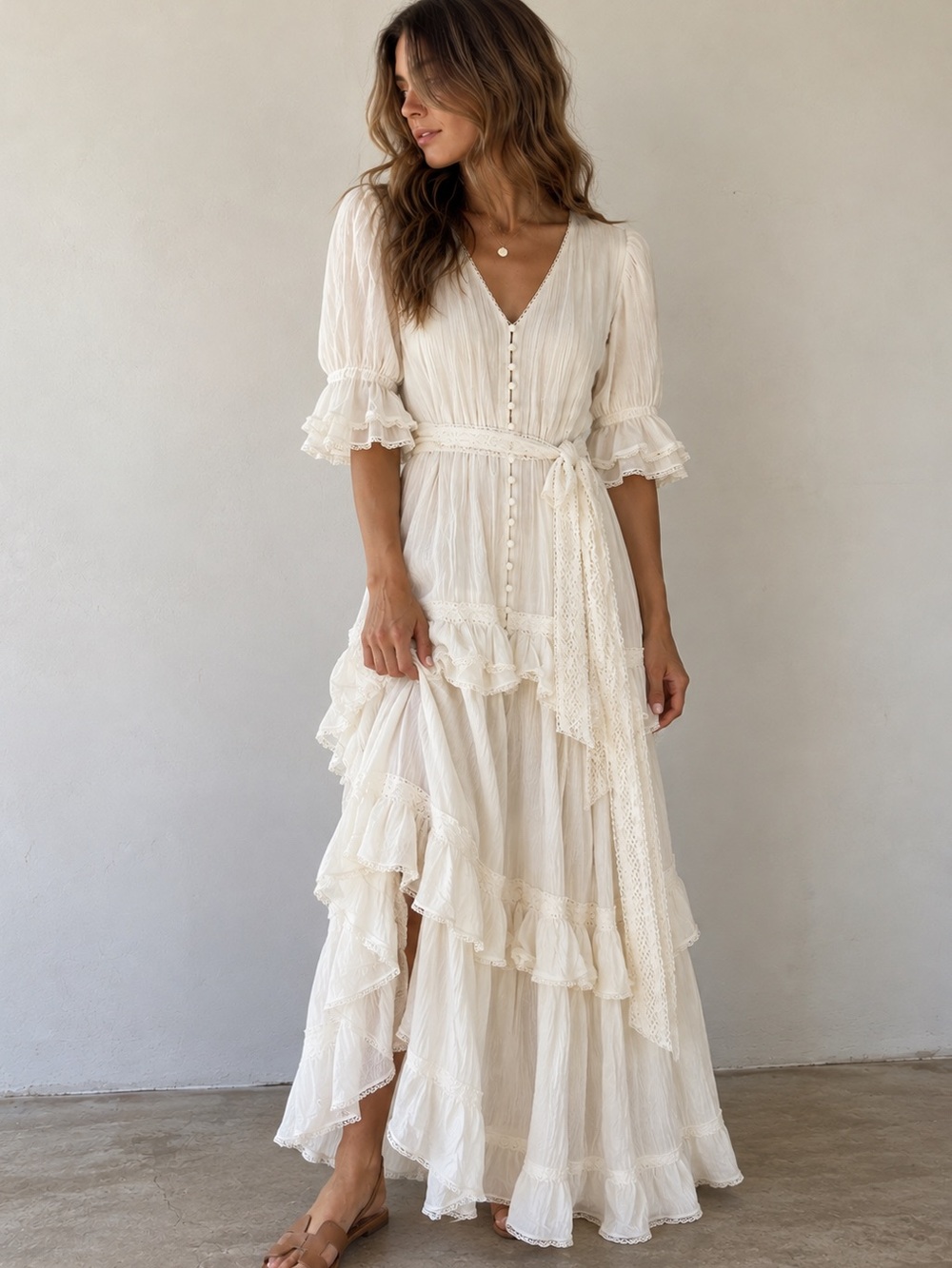 FREE THE ROSES Ruffled Lace Trim Duster Maxi Dress